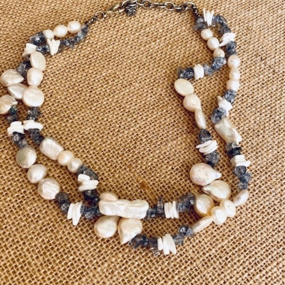 Necklace Pearl Freshwater Authentic double stranded and grey stone necklace. SS - Picture 4 of 10